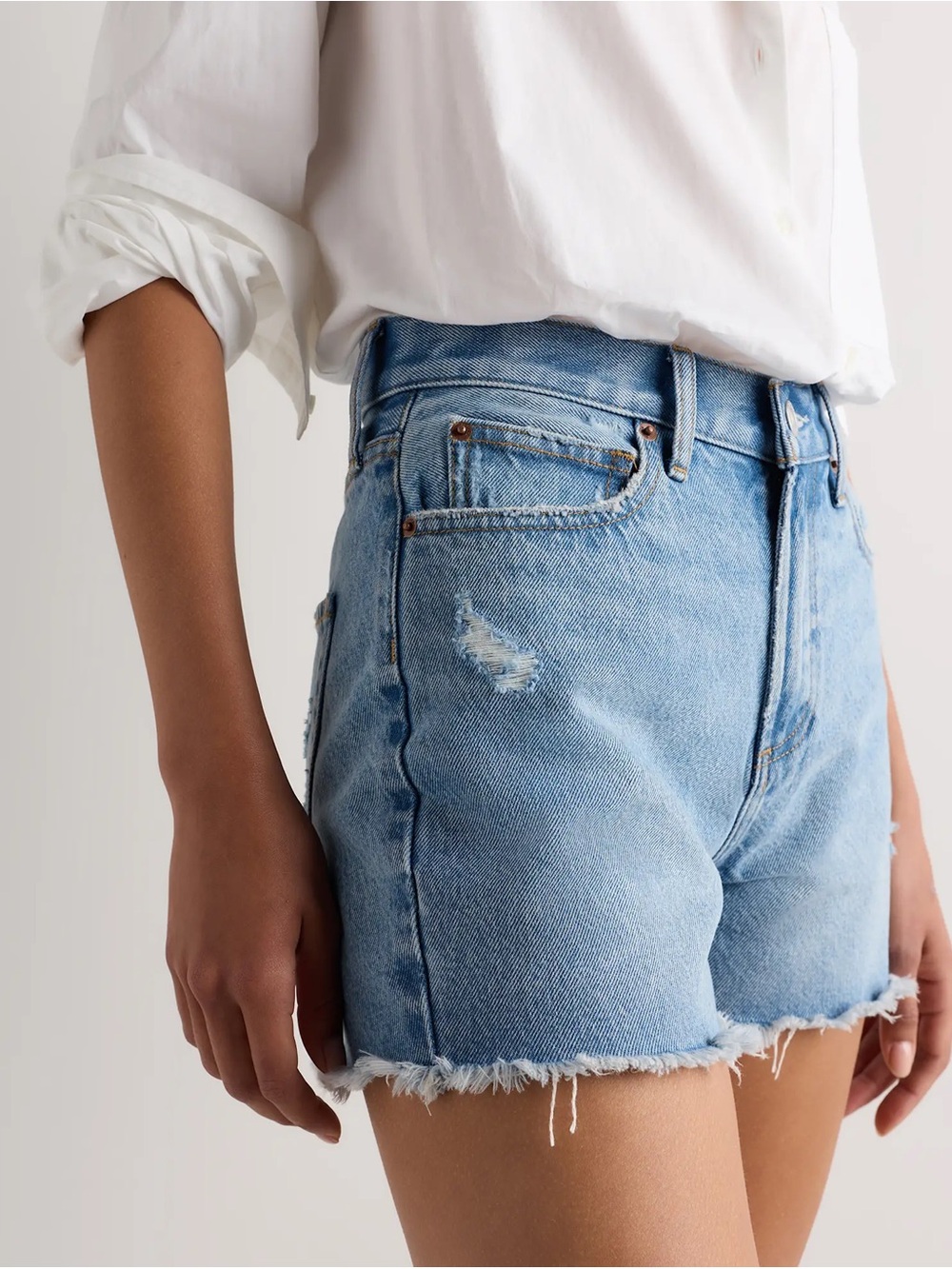 Classic Light Blue Denim Cutoff Shorts - Women's Quince Bella Cut Off - Picture 4 of 7